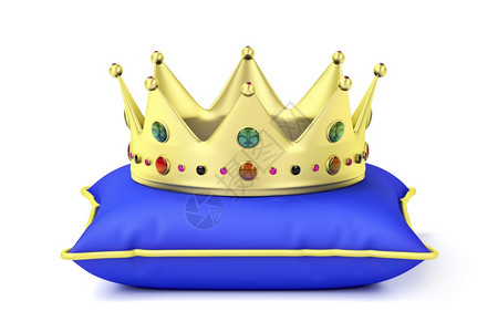 钻石皇冠蓝色枕头上的皇冠金前视背景