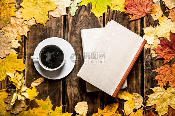 咖啡杯上面有一本旧书和秋叶图片