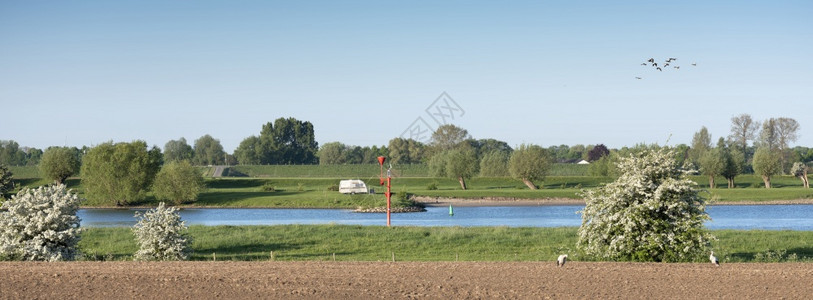 在蓝天下春光在河内地带的莱克河岸靠近Wijkbdurste的Shorcks和大篷车图片