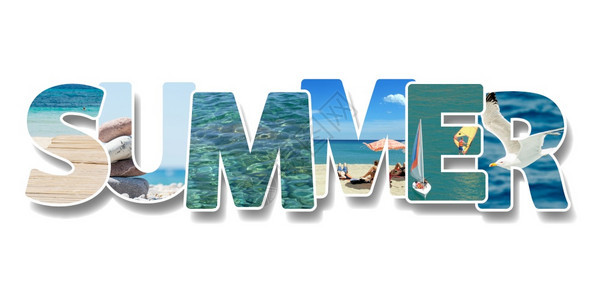 夏天这个单词文本上一些照片的拼贴海滩度假概念图片