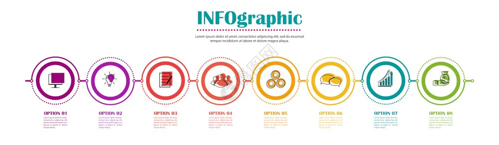 信息图八个阶段的种群矢量模板用于网页设计图表业务划和财报告视觉辅助平板设计图片