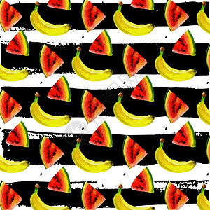 水彩色无缝图案配有香蕉手画热带图案矢量夏季水果图案图片
