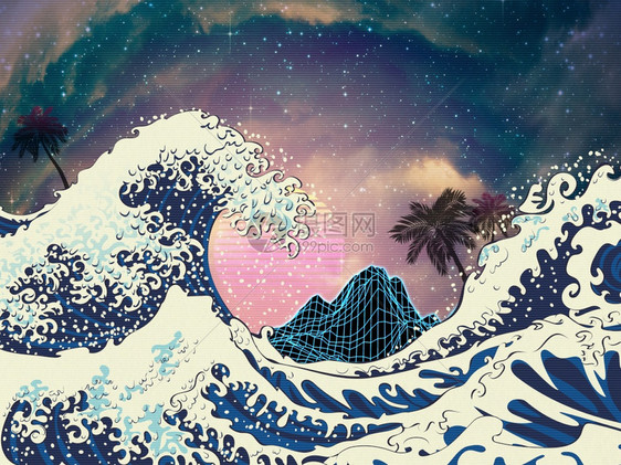 海洋浪和棕榈树月亮山回溯风格插图图片