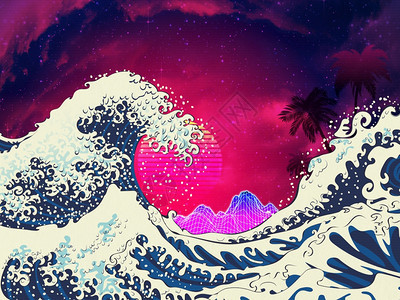 海洋浪和棕榈树月亮山回溯风格插图图片