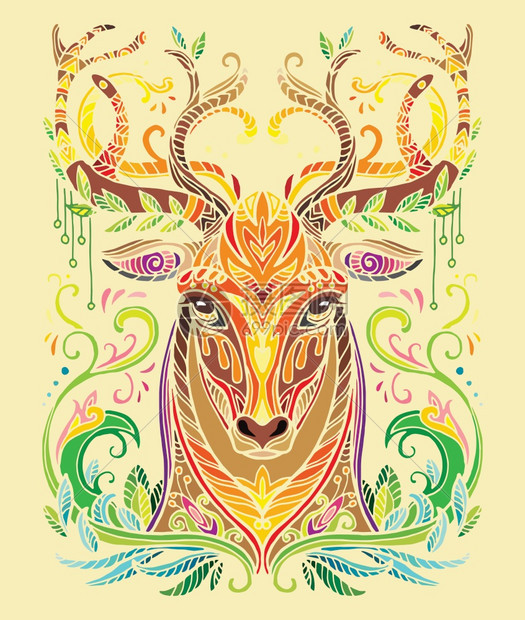 彩色手绘鹿头图腾矢量设计元素图片