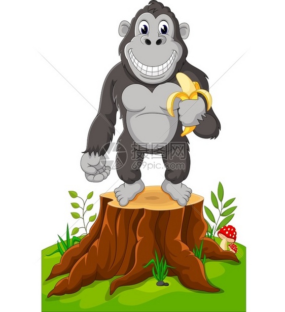 卡通大猩猩站在树桩上图片