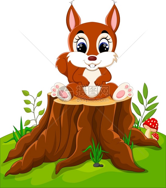卡通可爱的小松鼠在树桩上图片