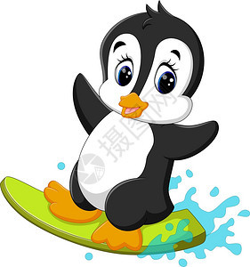 可爱企鹅冲浪漫画插图图片