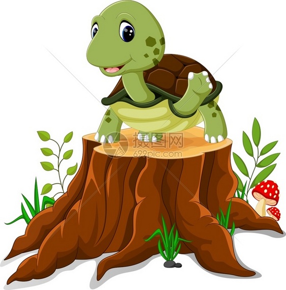 卡通海龟在树桩上 图片