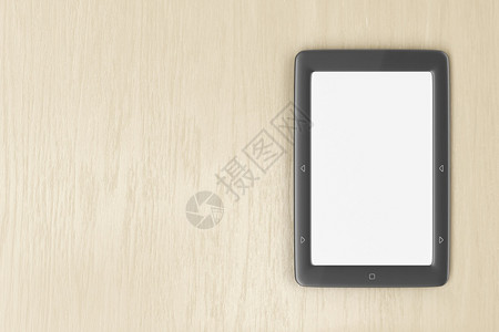 电子书书架顶视图在木头桌上显示空白的电子书阅读器背景