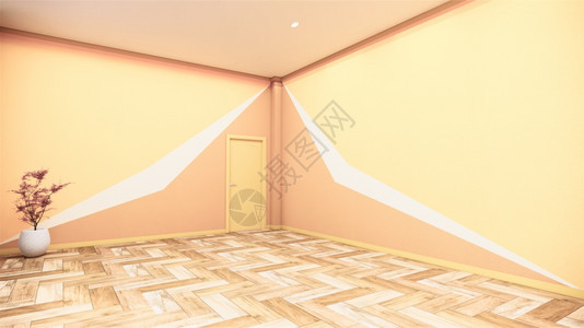 带有几何墙壁设计黄色橙和木地板棕的空房3D图片
