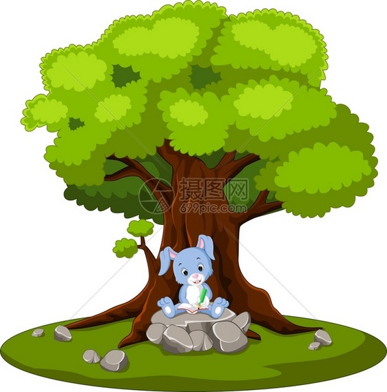 兔子阅读书和坐在石头上图片