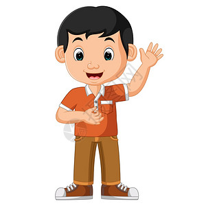 西瓜卡通画可爱的男孩挥动卡通画插画