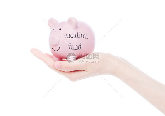 女手持有假期基金概念案文的小猪银行图片