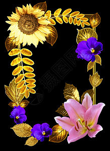 含有黄金叶和黑色背景花朵的抽象装饰架图片