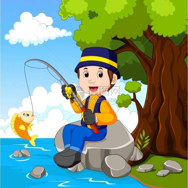 卡通男孩捕鱼
