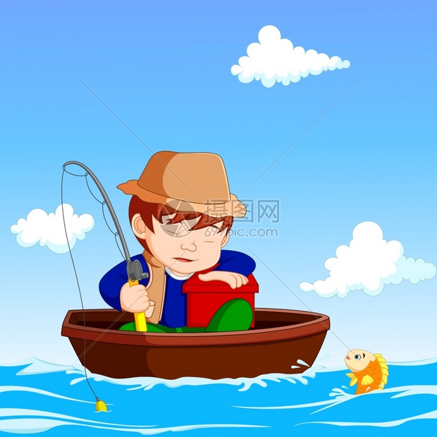 卡通男孩捕鱼