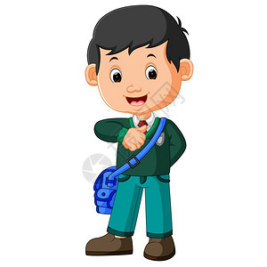 小孩乐器带背包卡通漫画的可爱男孩插画