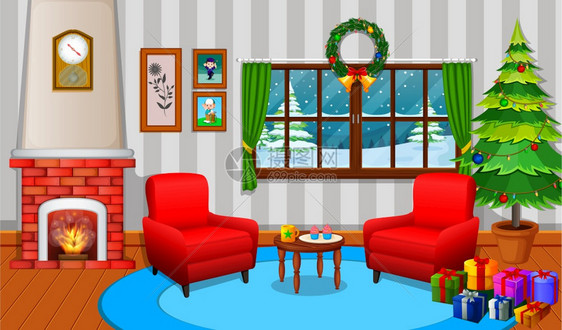 圣诞节客厅有树和壁炉图片