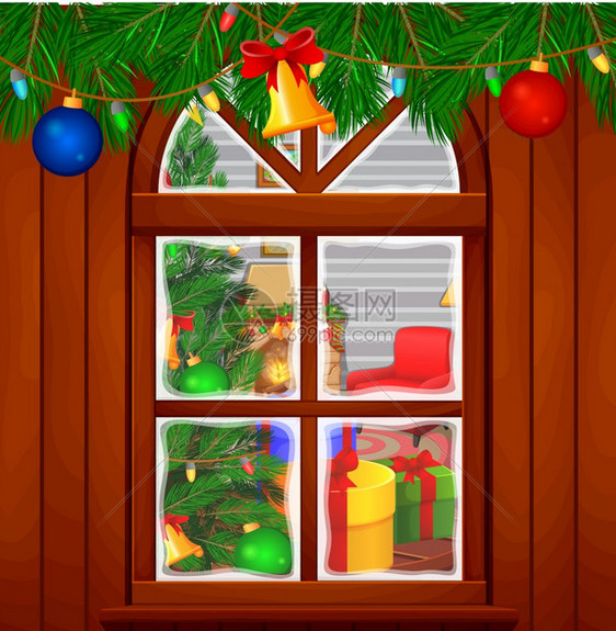 圣诞节客厅有树和壁炉图片