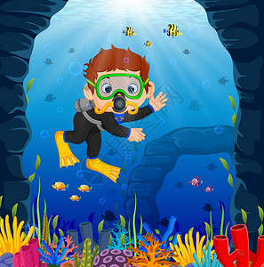 床咖啡卡通男孩在海上潜水插画