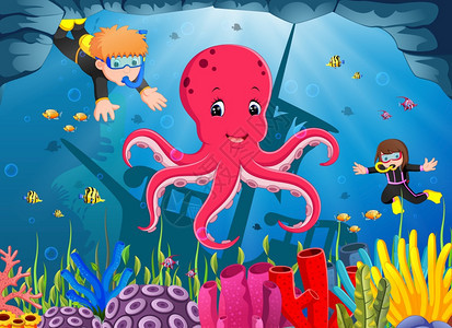 在海底下的可爱章鱼与男孩和女孩潜水图片
