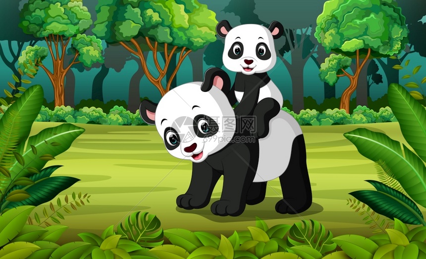森林里有熊猫和宝图片