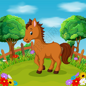 春天农田农场里笑着的卡通快乐马插画