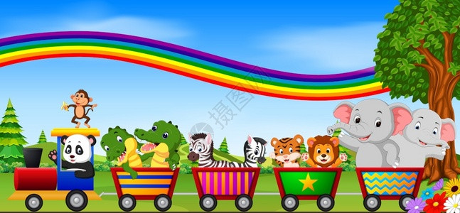 火车上带彩虹插图的野生动物图片
