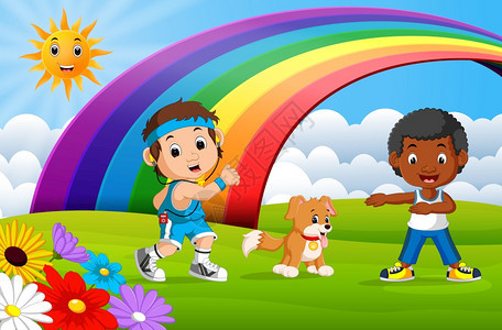 彩虹日儿童在公园运动和玩狗图片