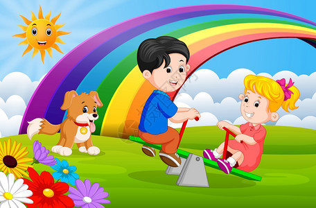 彩虹日在公园玩跷跷板的儿童图片