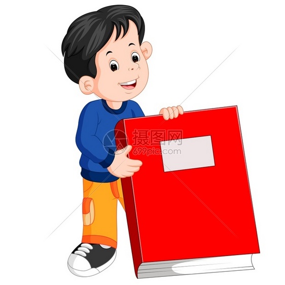 一个小男孩拿着本巨大的红书图片