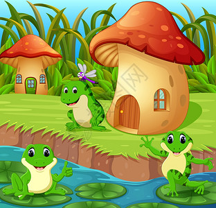 蘑菇屋周围的青蛙背景图片