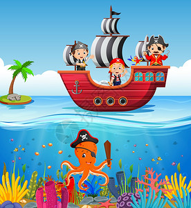 海盗船只和洋景点上的儿童图片