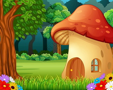 森林上的红蘑菇屋背景图片