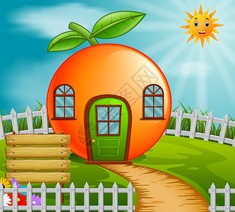花园中的橙子屋子卡通矢量插画图片