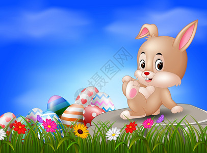兔子坐在石头上插画图片