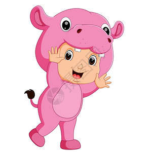 可爱极了幻想穿着河马装扮的可爱男孩插画