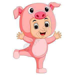 粉红色帽子穿着猪服装的可爱男孩插画