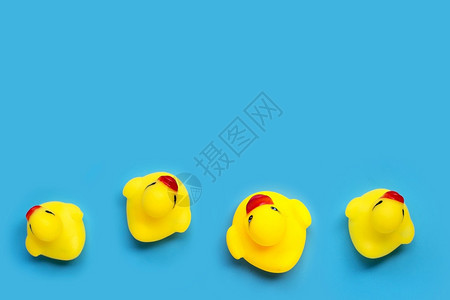 蓝底黄色鸭玩具儿童洗澡概念复制空间图片