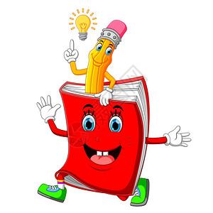 笑学生笑带书的可爱铅笔漫画插画