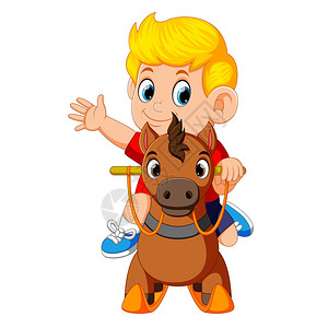 人冬天可爱的金发男孩骑着玩具马插画