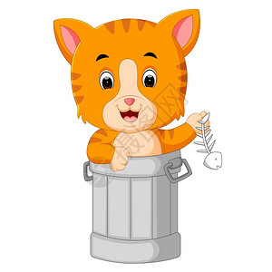 编制渔篓垃圾桶中的小猫卡通矢量插图插画