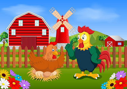 红色农场村里有两个鸡和风车图片