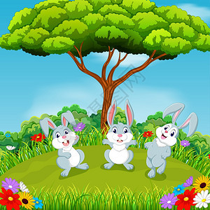 美丽的风景三只兔子一起在大树下玩耍图片