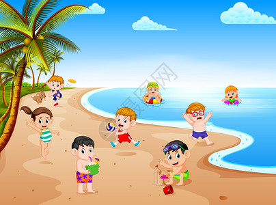 海岸儿童夏夜风景阳光明媚的一天孩子们在海滩玩游泳插画