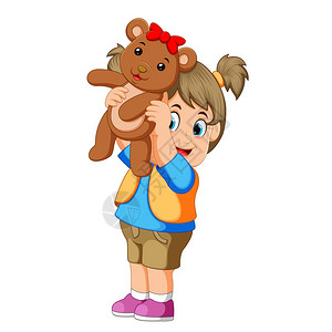 儿童 兴趣女孩和棕色泰迪熊玩得开心插画