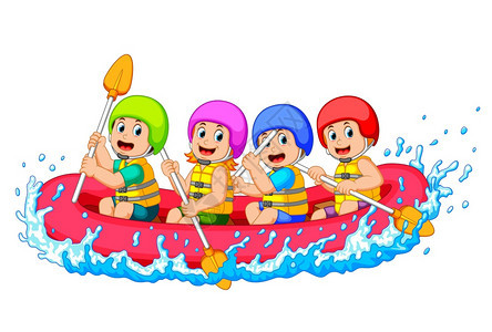 快乐的木筏队在河中划船图片