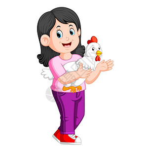 动物抱着一个美丽的女孩抱着公鸡插画