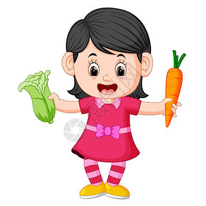 拿着胡萝卜和新鲜绿芥末的可爱女孩图片